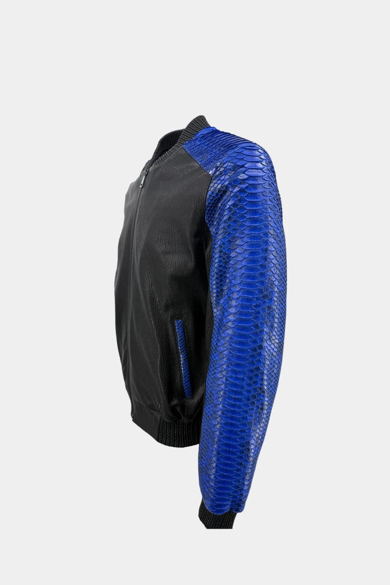 The Harmonic - Bomber Jacket in Blue Python Leather and Black Lambskin - view 3