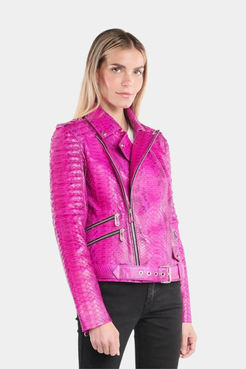 L'Incarnat - Veste Perfecto en Cuir de Python Fushia - Galbert Paris