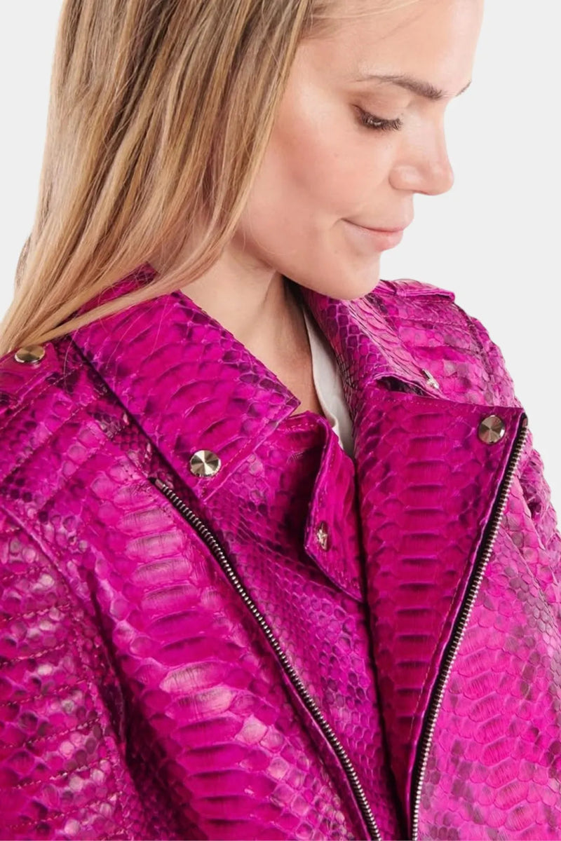 L'Incarnat - Veste Perfecto en Cuir de Python Fushia - Galbert Paris