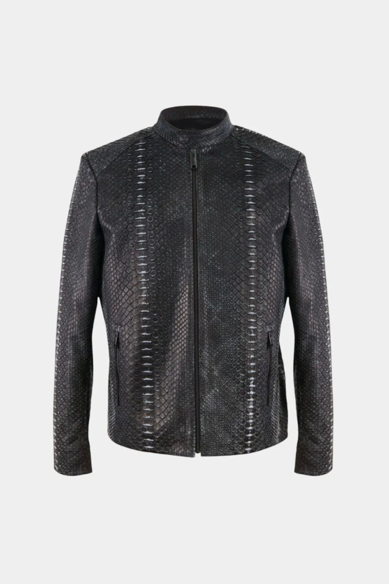 The Insurgent - Men's Biker Jacket in Black Nubuck Python Leather