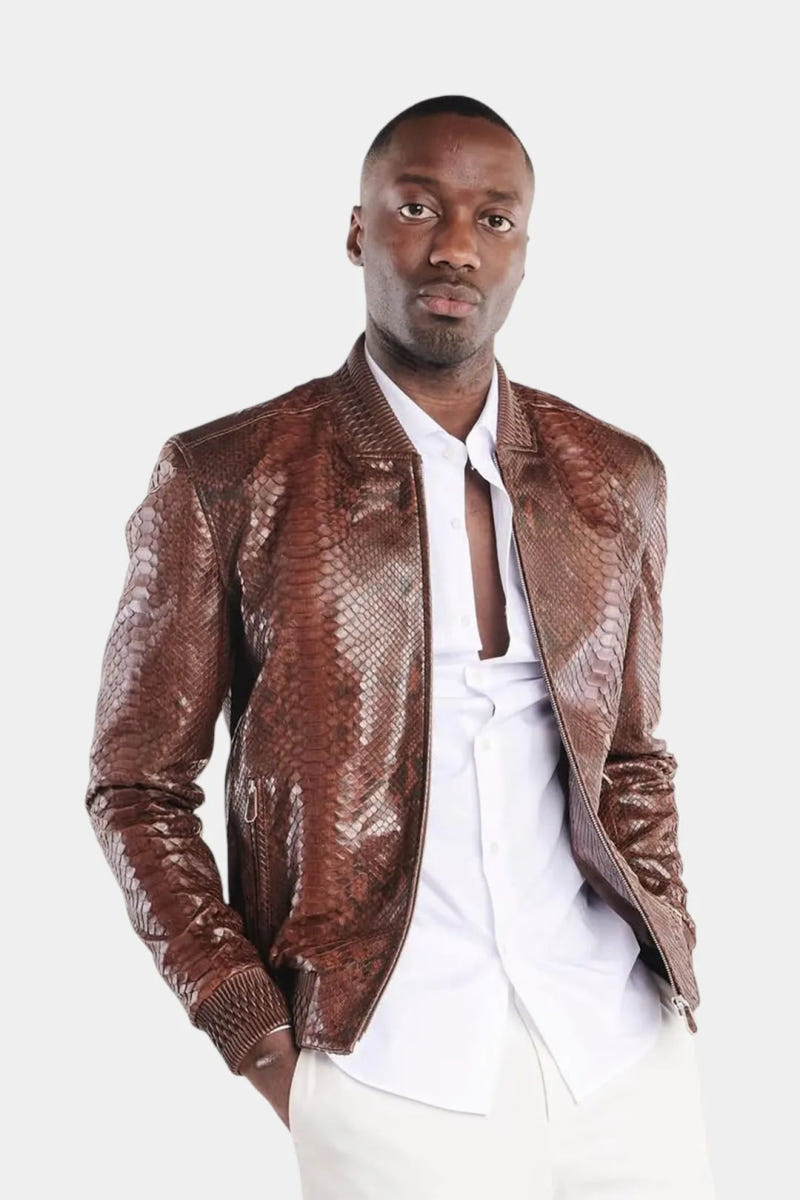 The Odyssey - Brown Python Leather Bomber Jacket - view 4