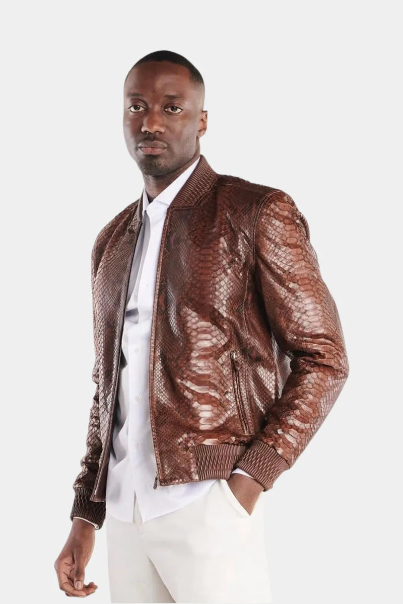 The Odyssey - Brown Python Leather Bomber Jacket - view 3