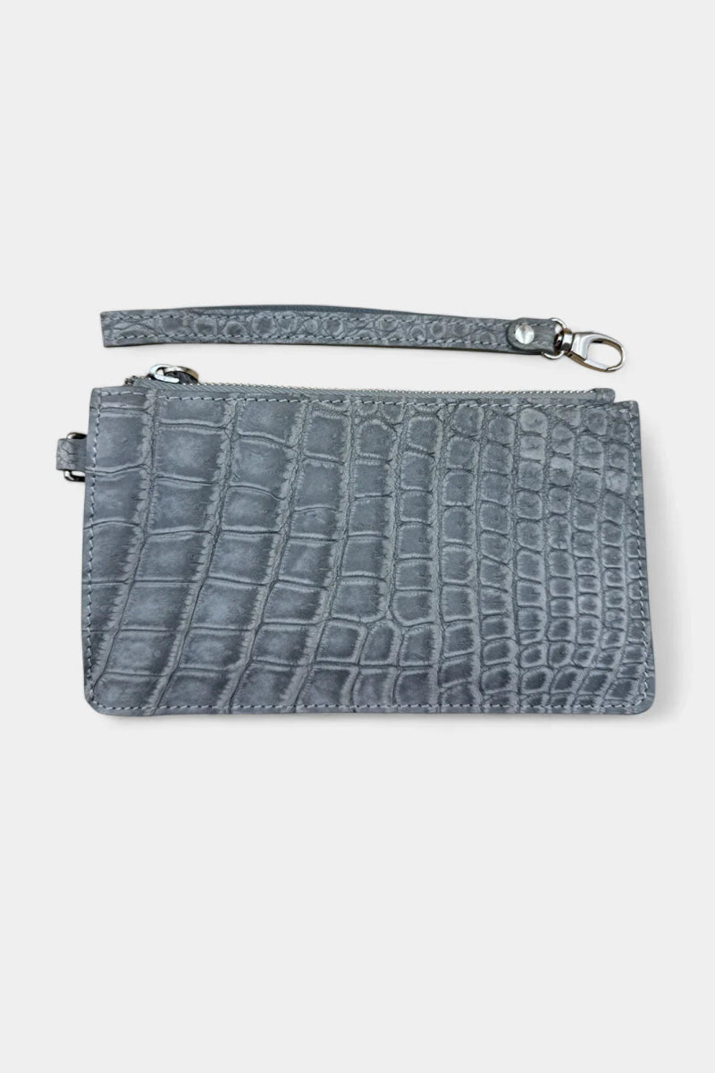 Petite Pochette Crocodile Nubuck gris - Maroquinerie luxe - Galbert Paris