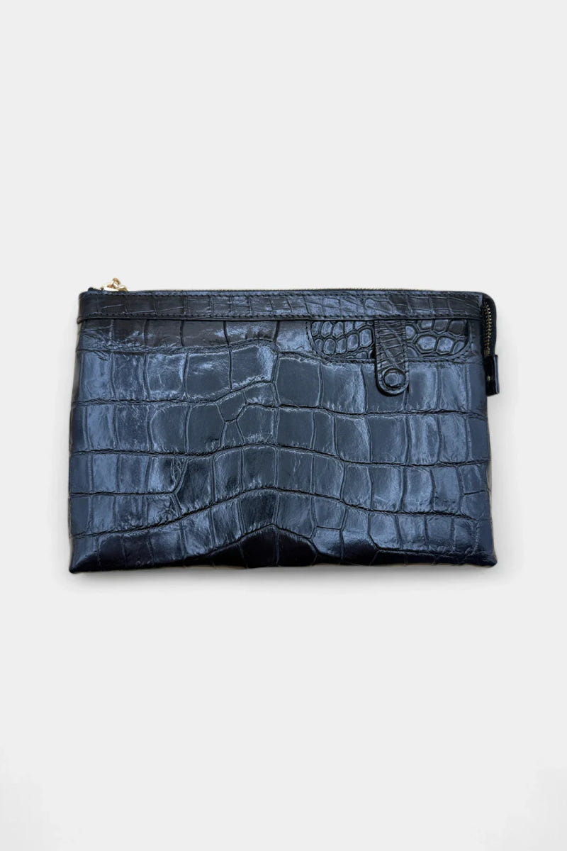 Pochette in pelle di coccodrillo nero fatta a mano