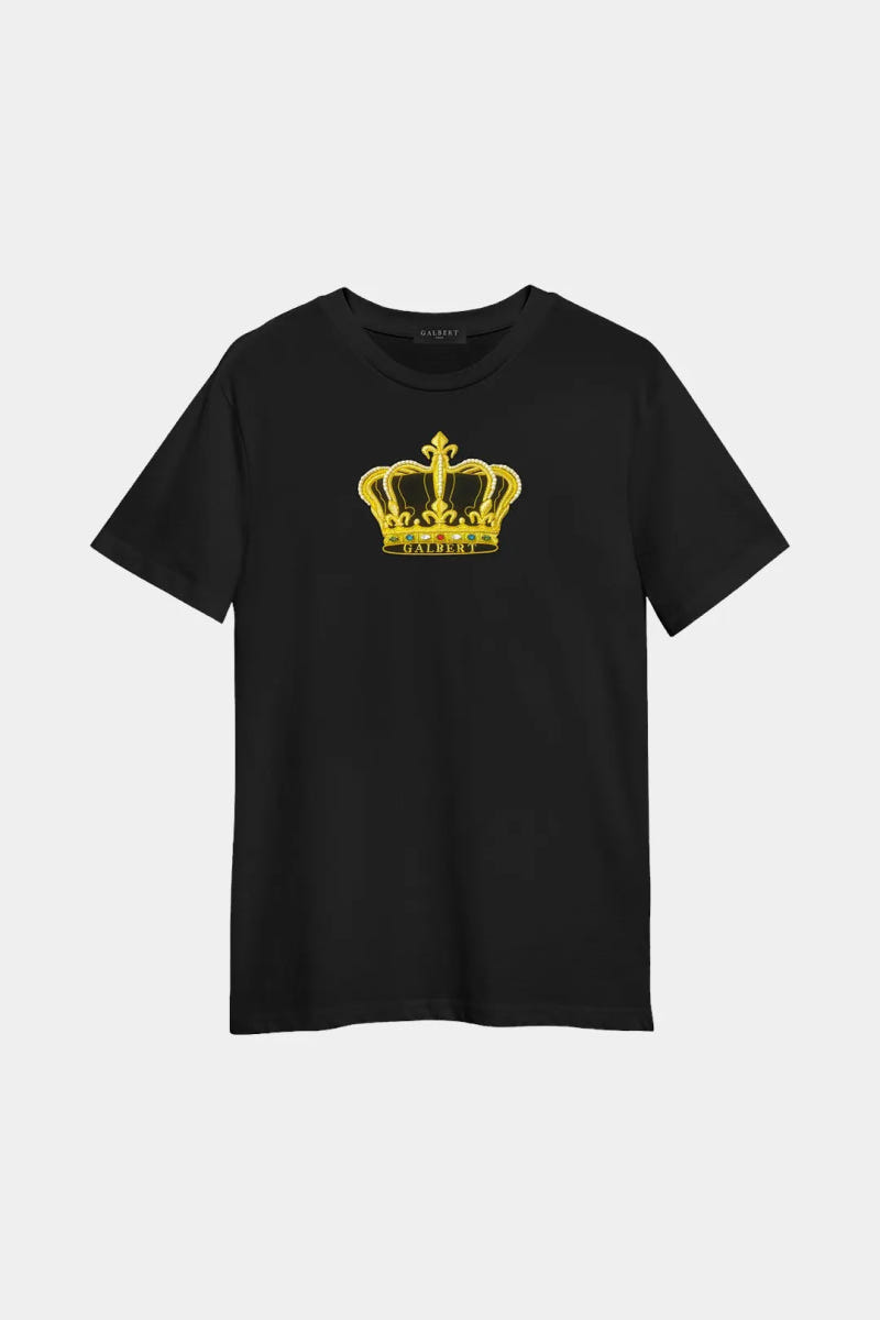 Men's Black Cotton T-Shirt with Hand-Embroidered Gold Crown