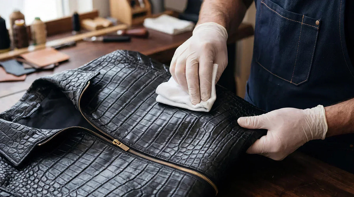 Conditioning crocodile Niloticus leather with specialist cloth Galbert Paris