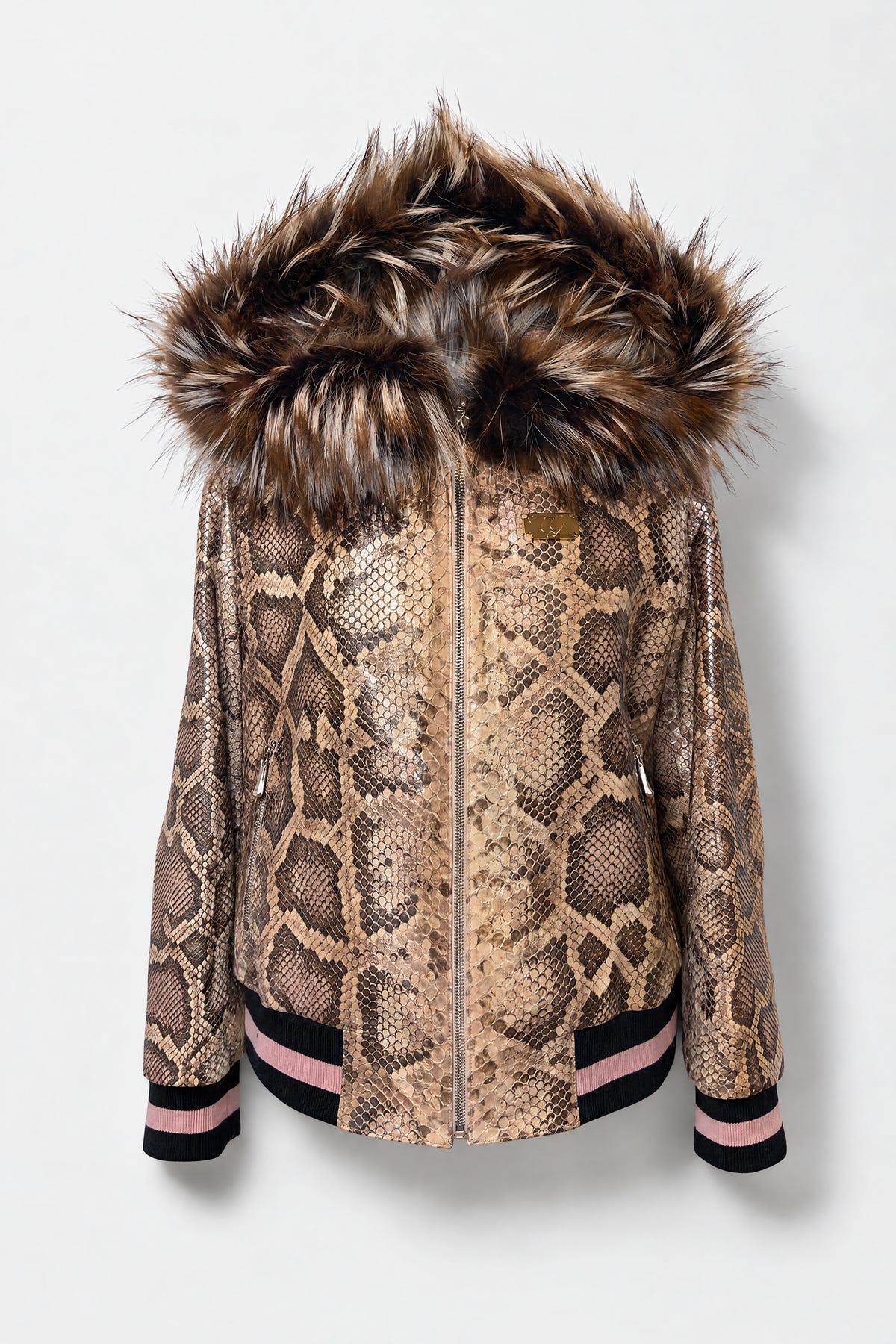 La Boréale - Veste à capuche zippée en python rose et fourrure de renard