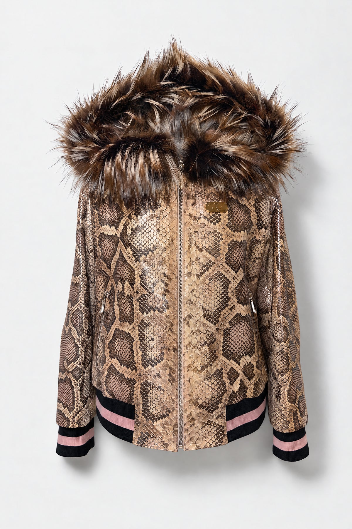 La Boréale - Veste à capuche zippée en python rose et fourrure de renard