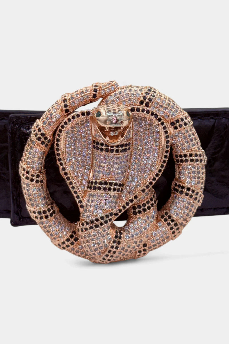 Ceinture en Cuir de Crocodile Noir et Boucle Cobra Or Rose - Galbert Paris