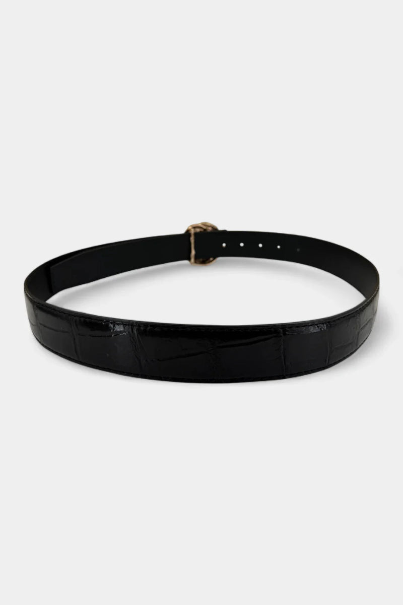Ceinture en Cuir de Crocodile Noir et Boucle Cobra Or Rose - Galbert Paris