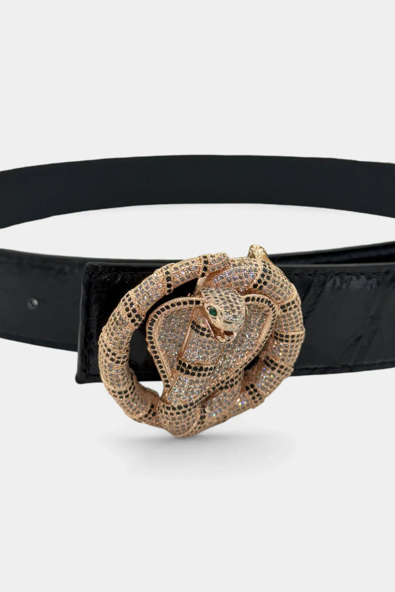 Ceinture en Cuir de Crocodile Noir et Boucle Cobra Or Rose - Galbert Paris