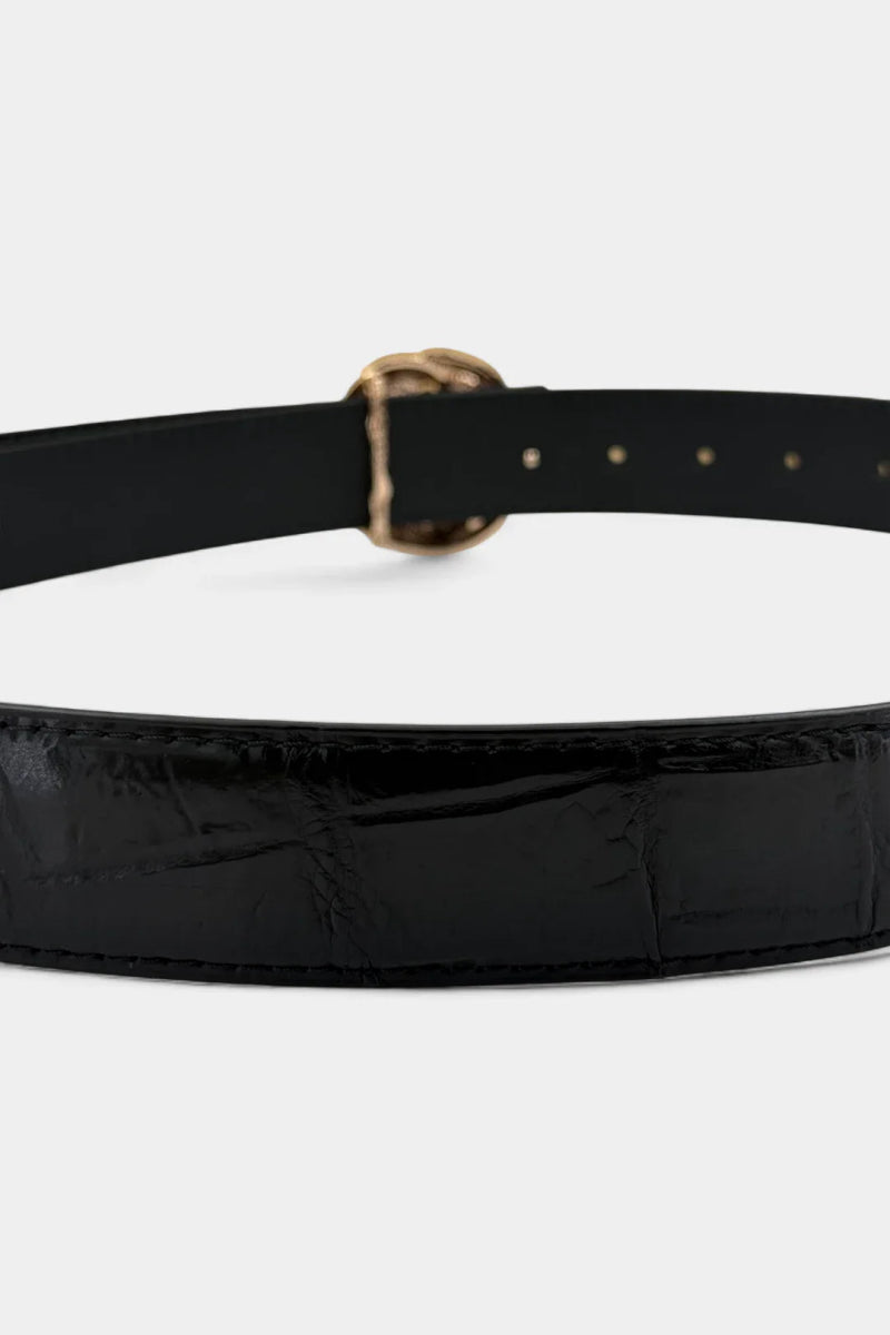 Ceinture en Cuir de Crocodile Noir et Boucle Cobra Or Rose - Galbert Paris
