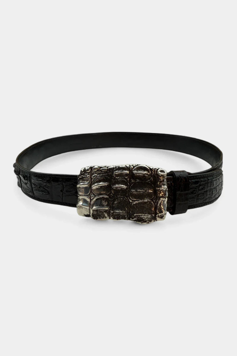Ceinture en Cuir de Dos de Crocodile et Boucle Argent Écaille - Galbert Paris