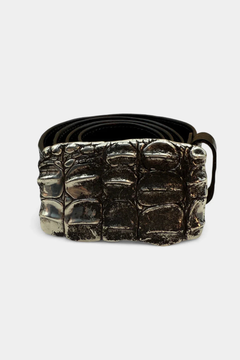 Ceinture en Cuir de Dos de Crocodile et Boucle Argent Écaille - Galbert Paris