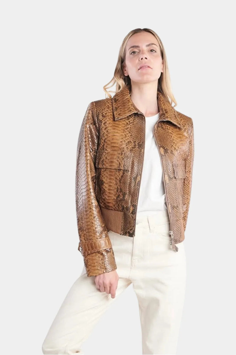 La Sahara - Blouson Aviateur en Python Marron - Galbert Paris