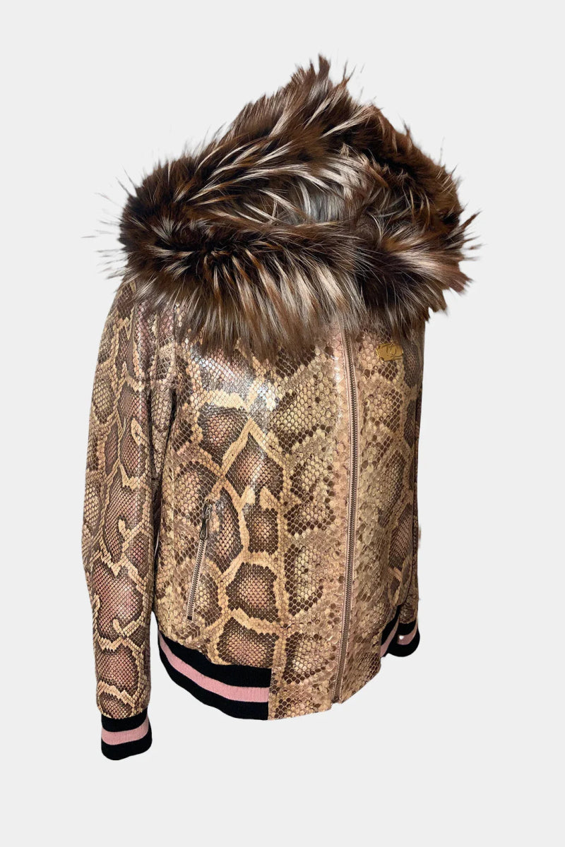La Veste Boréale - Veste à Capuche Zippé en Python Rose et Fourrure de Renard - Galbert Paris