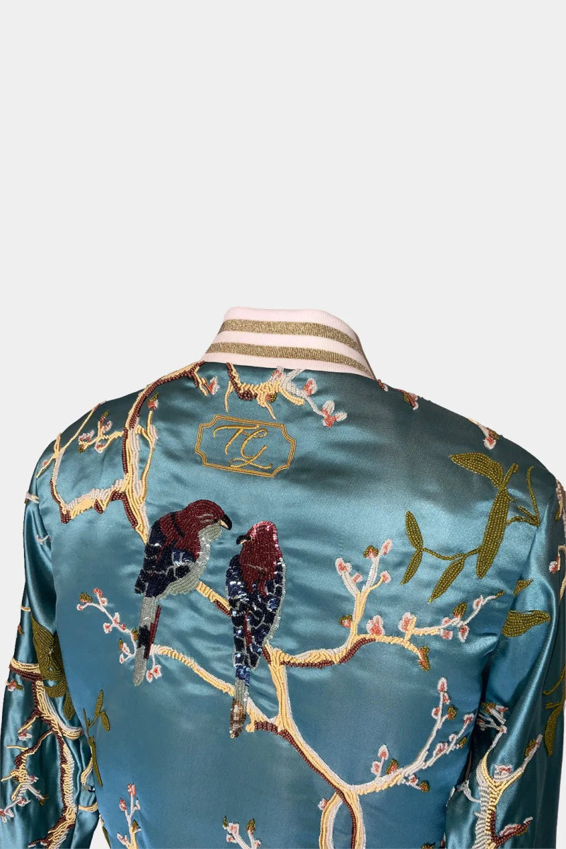 La Volière - Bomber en Tissu Jacquard Bleu Tiffany Brodé Oiseaux - Galbert Paris