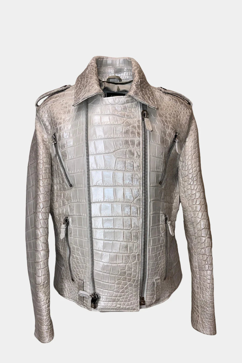 L'Apex - Veste Perfecto en Cuir de Crocodile Himalaya Nacré - Galbert Paris