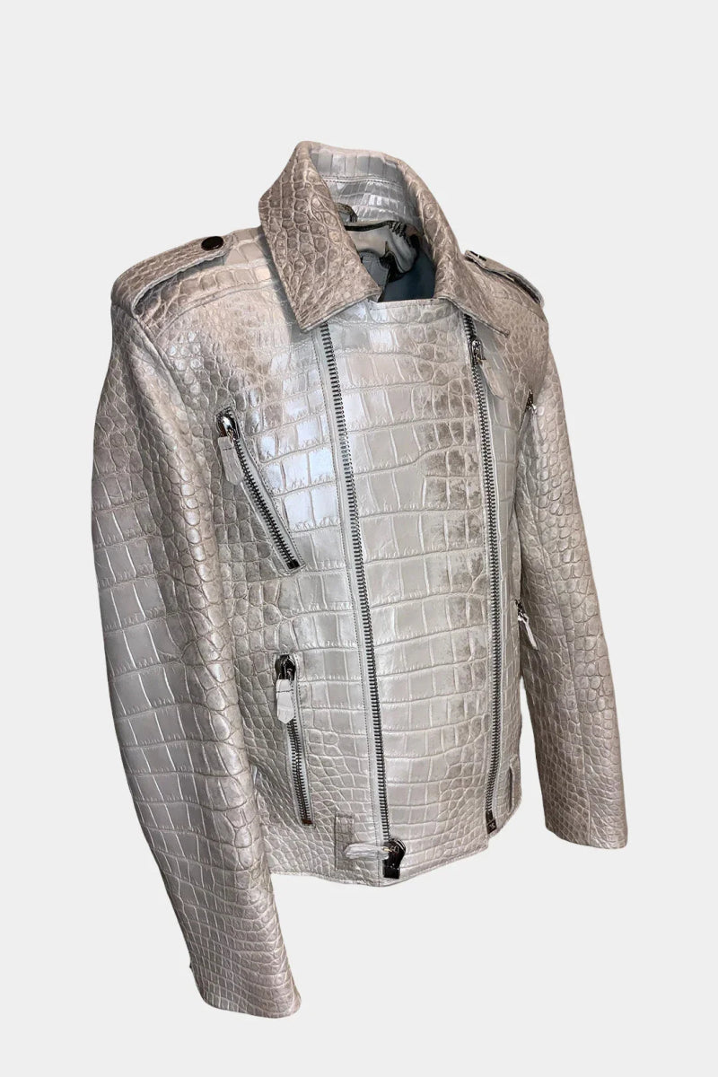 L'Apex - Veste Perfecto en Cuir de Crocodile Himalaya Nacré - Galbert Paris