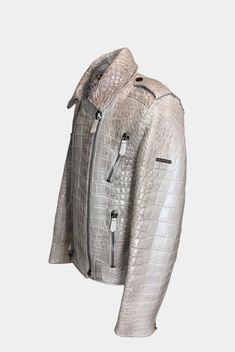 L'Apex - Veste Perfecto en Cuir de Crocodile Himalaya Nacré - Galbert Paris