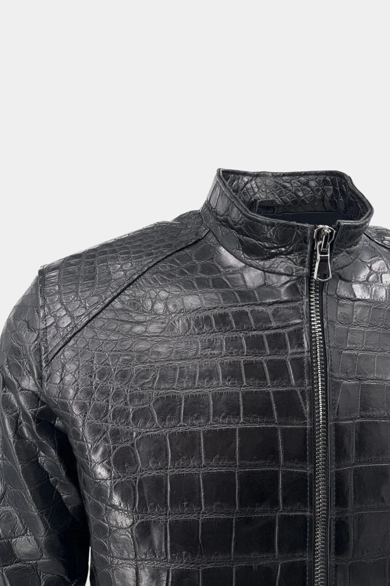 L'Asphalte - Black Crocodile Leather Biker Jacket - view 5