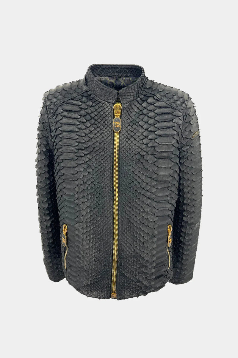 The Monolith - Matte Black Giant Python Leather Biker Jacket