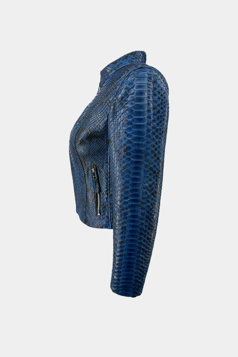 Le Ophidien - Veste Moto en Cuir de Python Bleu - Galbert Paris
