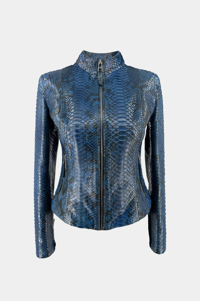 Le Ophidien - Veste Moto en Cuir de Python Bleu - Galbert Paris