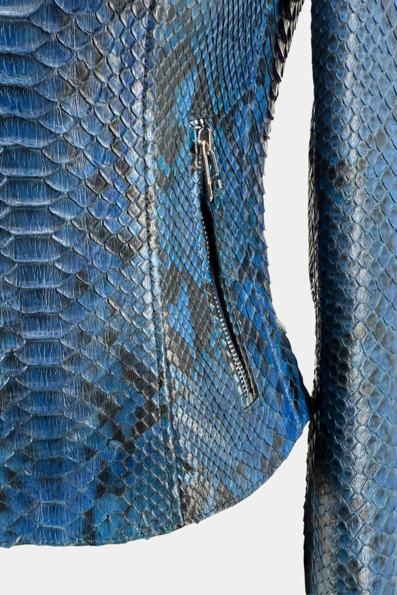 Le Ophidien - Veste Moto en Cuir de Python Bleu - Galbert Paris