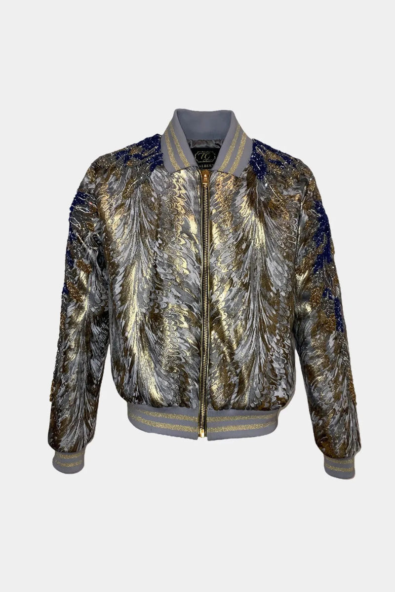 The Phoenix - Embroidered Jacquard Fabric Bomber Jacket with Phoenix Motif