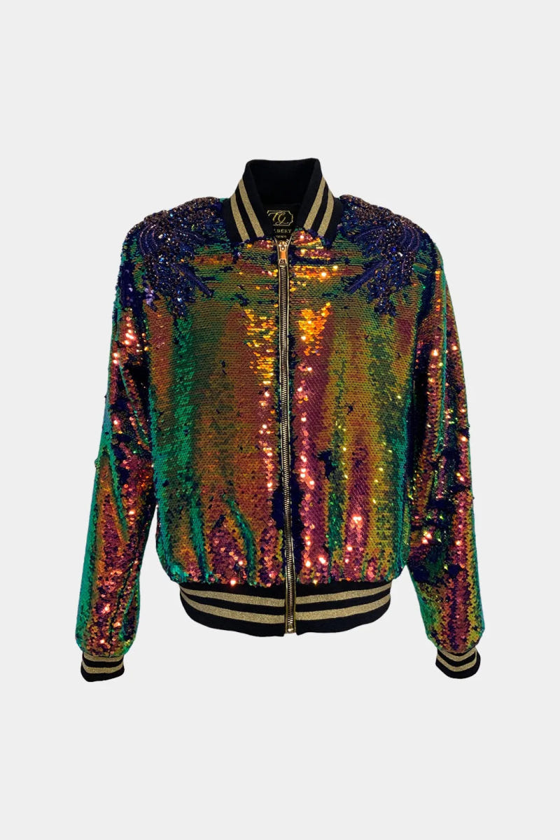 The Prism - Hand-Embroidered Iridescent Sequin Bomber Jacket