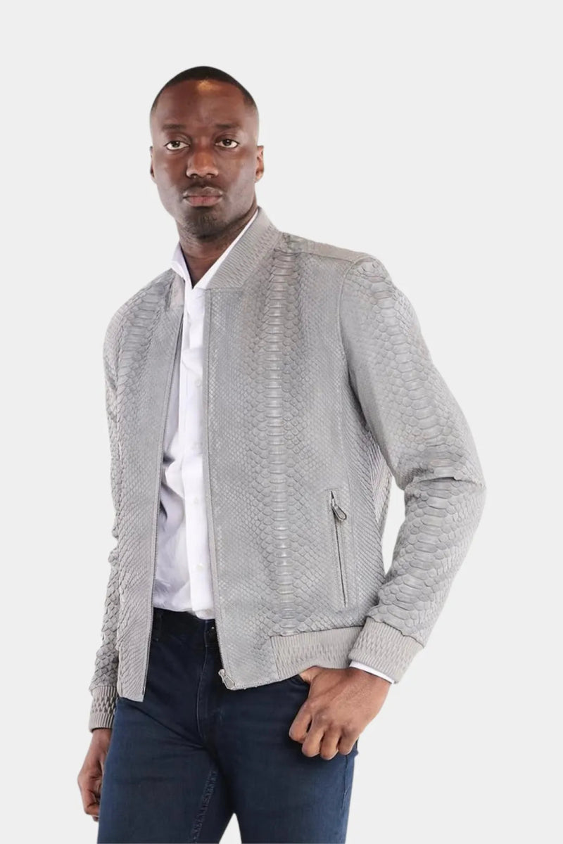 Le Stratosphère - Bomber Homme en Cuir de Python Nubuck Gris - Galbert Paris