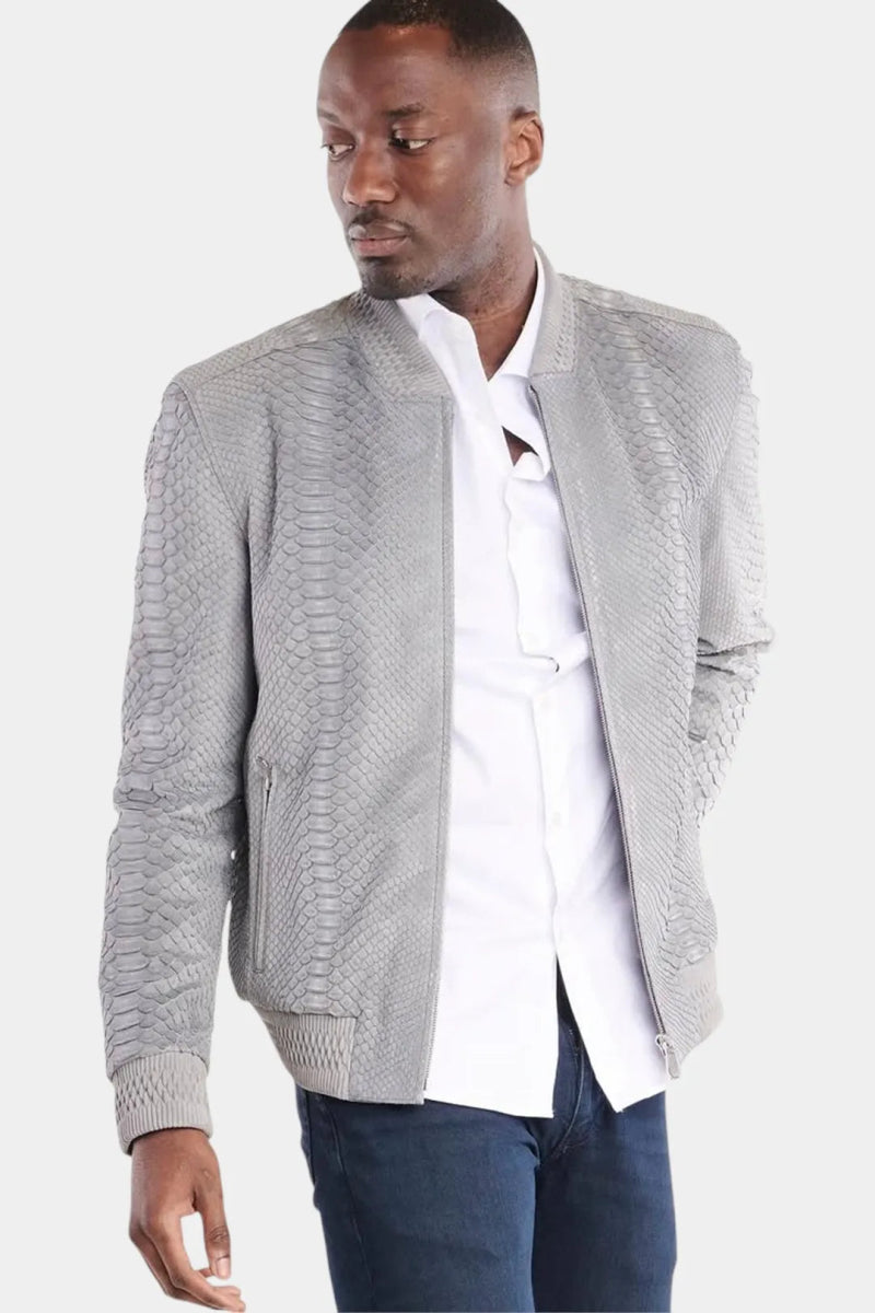 Le Stratosphère - Bomber Homme en Cuir de Python Nubuck Gris - Galbert Paris