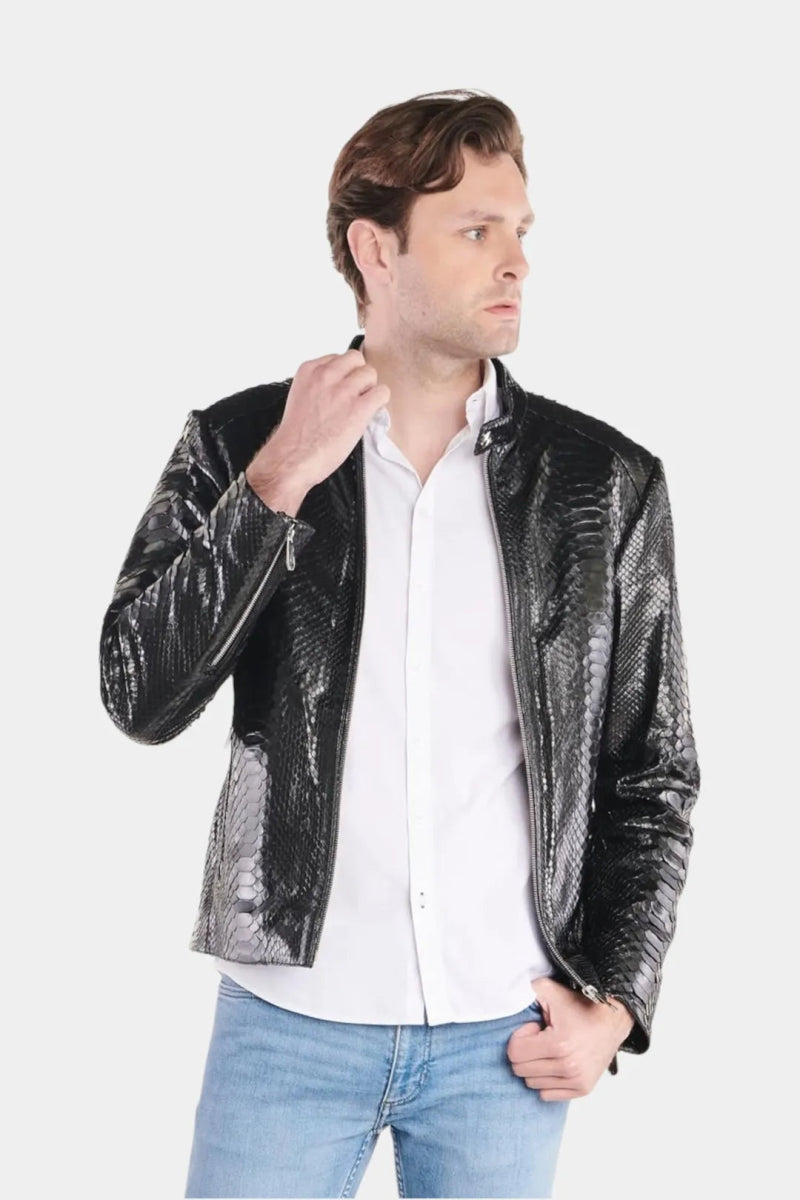 Le Ténébreux - Veste Moto Homme en Cuir de Python Noir Brillant - Galbert Paris
