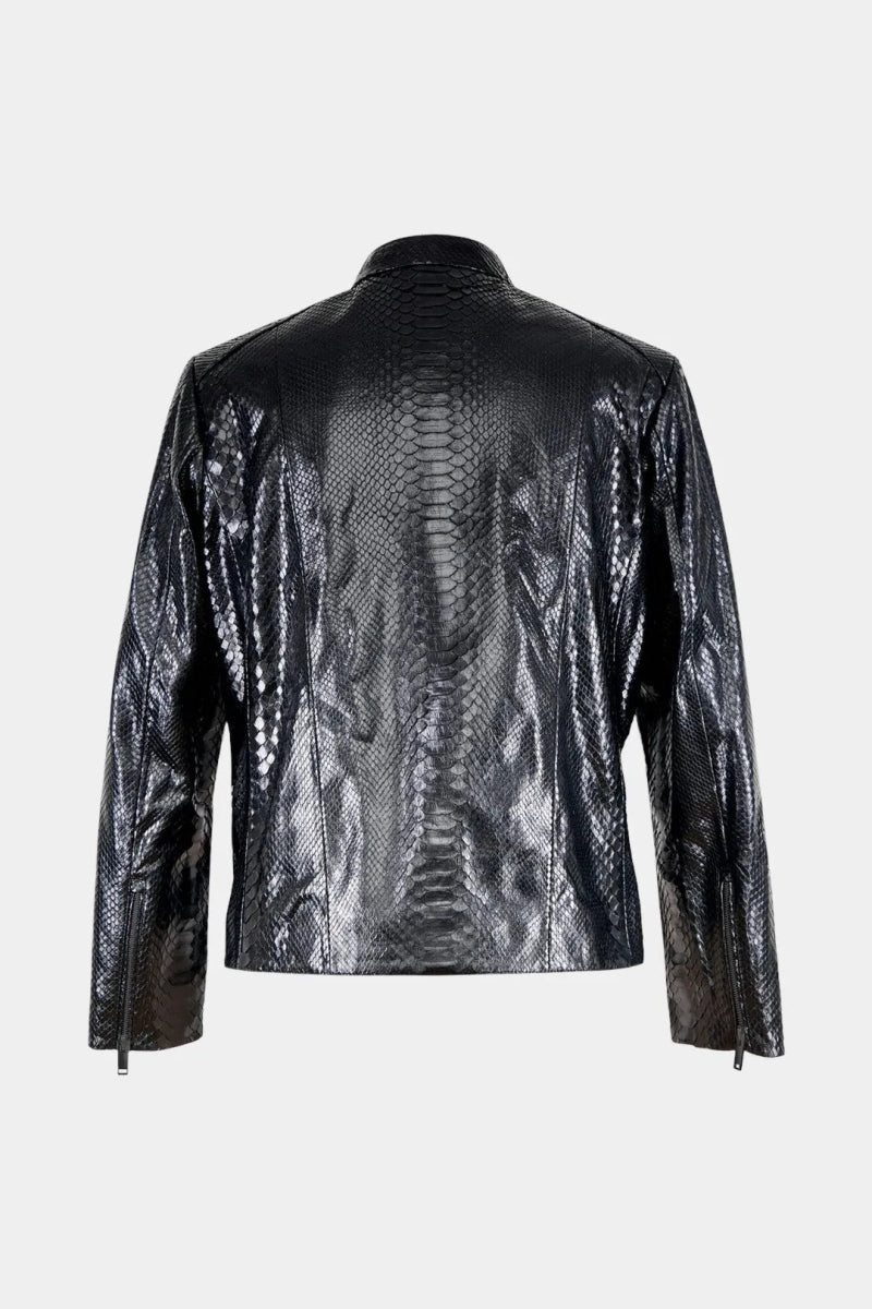 Le Ténébreux - Veste Moto Homme en Cuir de Python Noir Brillant - Galbert Paris