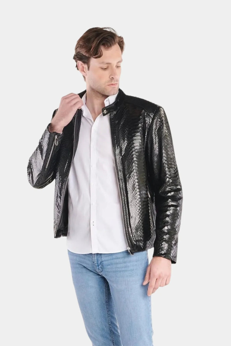 Le Ténébreux - Veste Moto Homme en Cuir de Python Noir Brillant - Galbert Paris