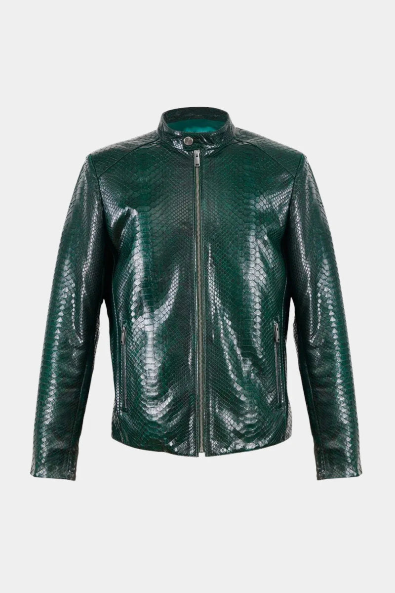 L'Émeraude - Veste Moto Homme en Cuir de Python Vert Brillant - Galbert Paris