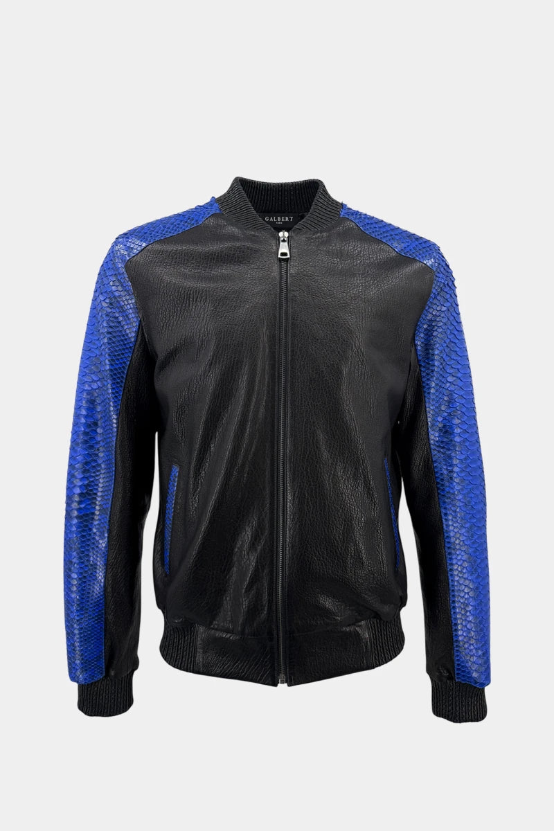 The Harmonic - Bomber Jacket in Blue Python Leather and Black Lambskin