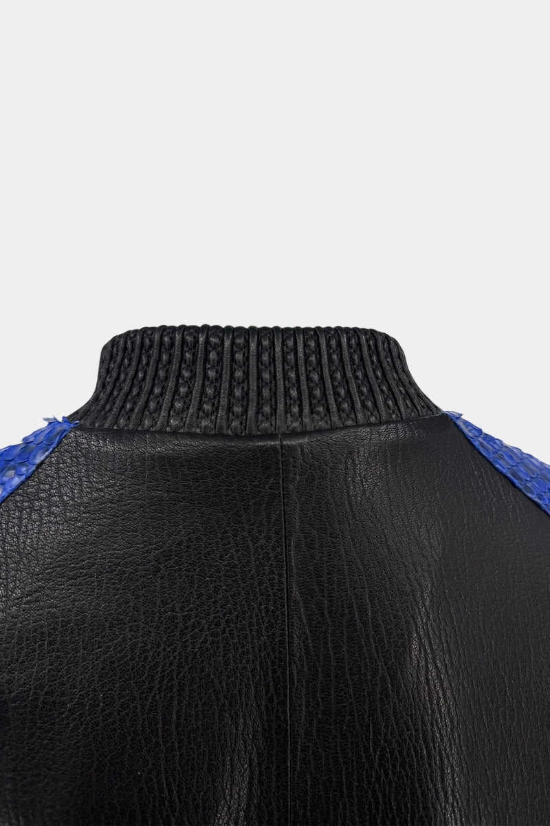 The Harmonic - Bomber Jacket in Blue Python Leather and Black Lambskin - view 7