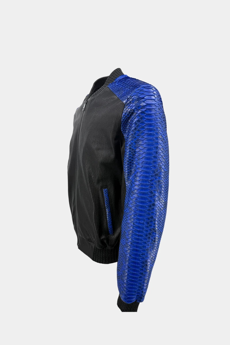 The Harmonic - Bomber Jacket in Blue Python Leather and Black Lambskin - view 3