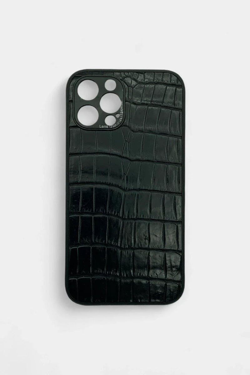 L'Obsidienne - Coque iPhone en Cuir de Crocodile Noir - Galbert Paris
