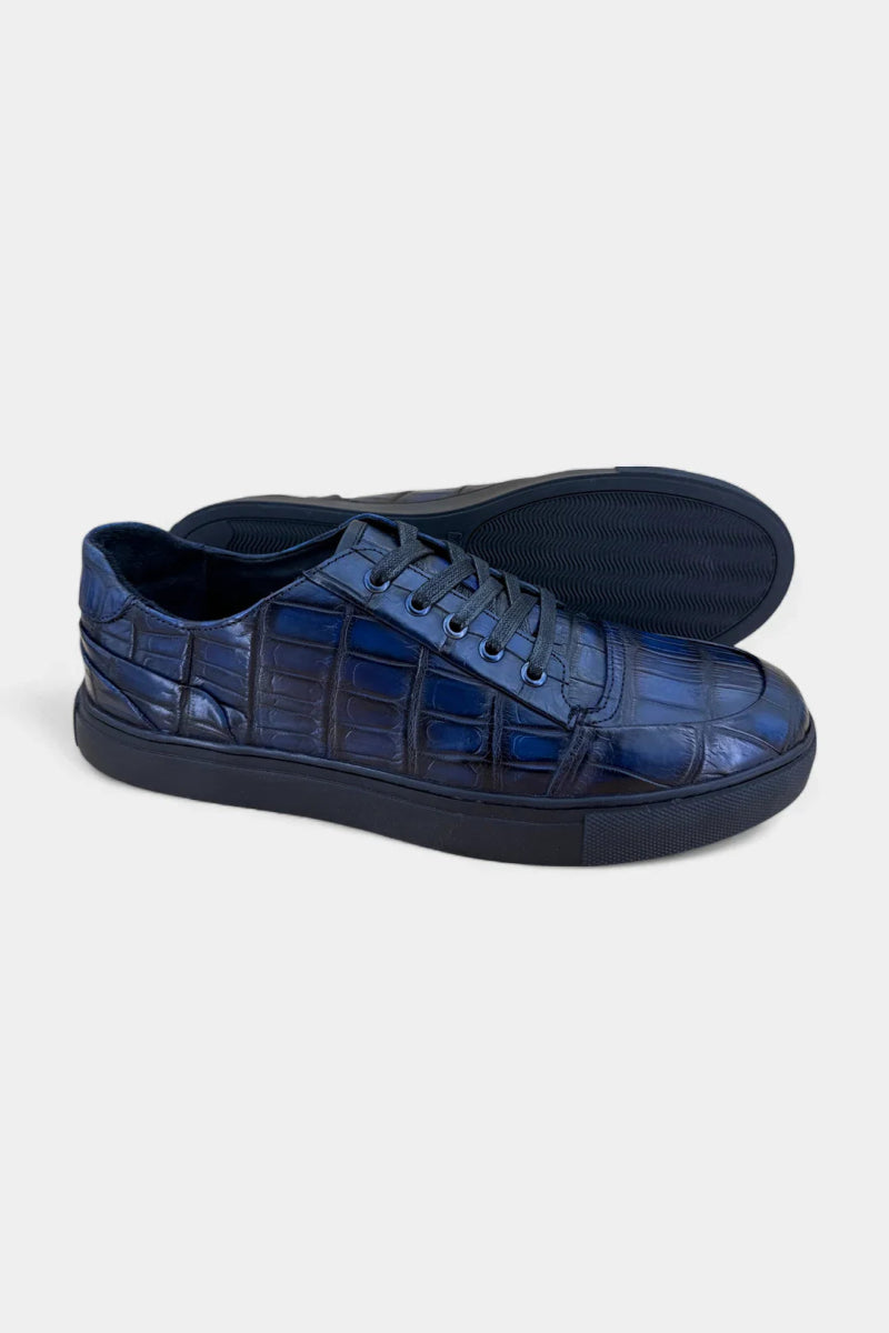 Sneakers en Cuir de Crocodile Patiné Bleu - Galbert Paris