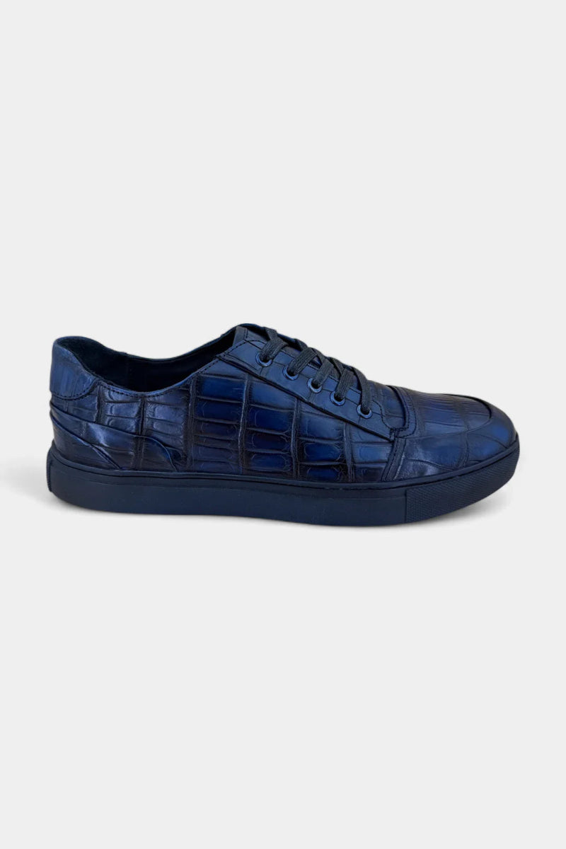 Sneakers en Cuir de Crocodile Patiné Bleu - Galbert Paris