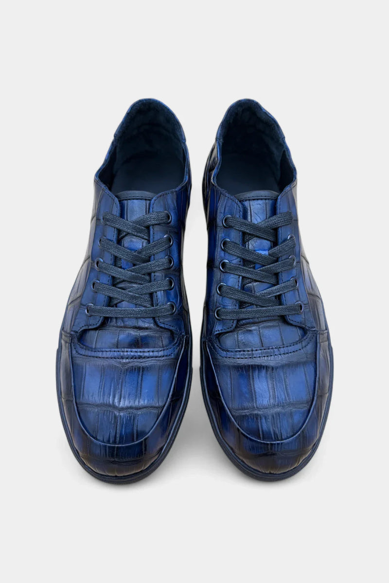 Sneakers en Cuir de Crocodile Patiné Bleu - Galbert Paris