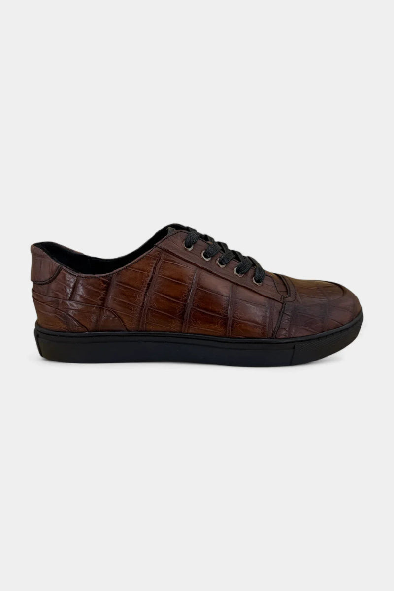 Sneakers en Cuir de Crocodile Patiné Marron - Galbert Paris