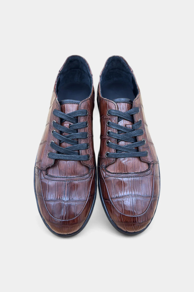 Sneakers en Cuir de Crocodile Patiné Marron - Galbert Paris