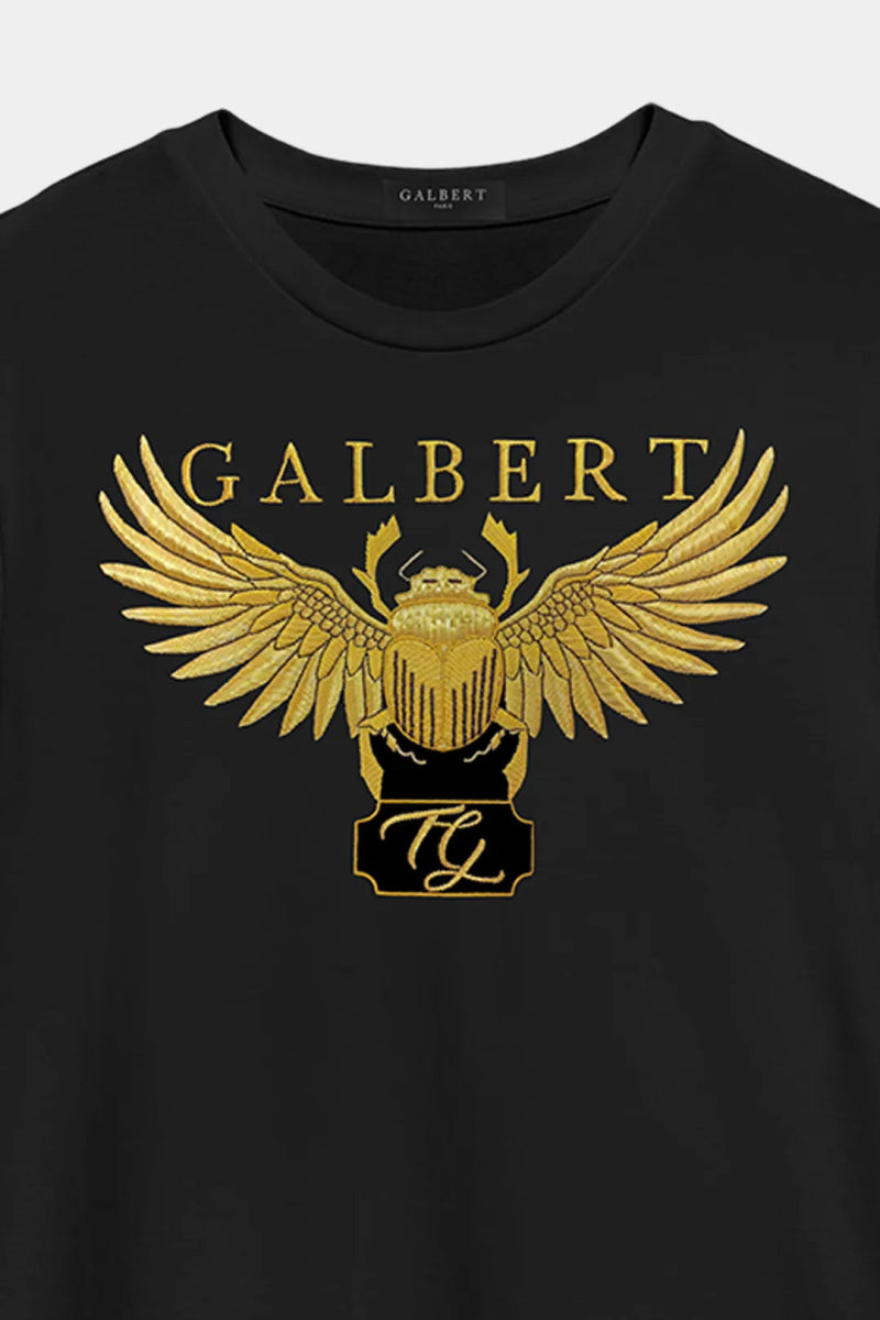 T-Shirt en Coton Brodé Scarabée Doré Égyptien Fil d'Or - Galbert Paris