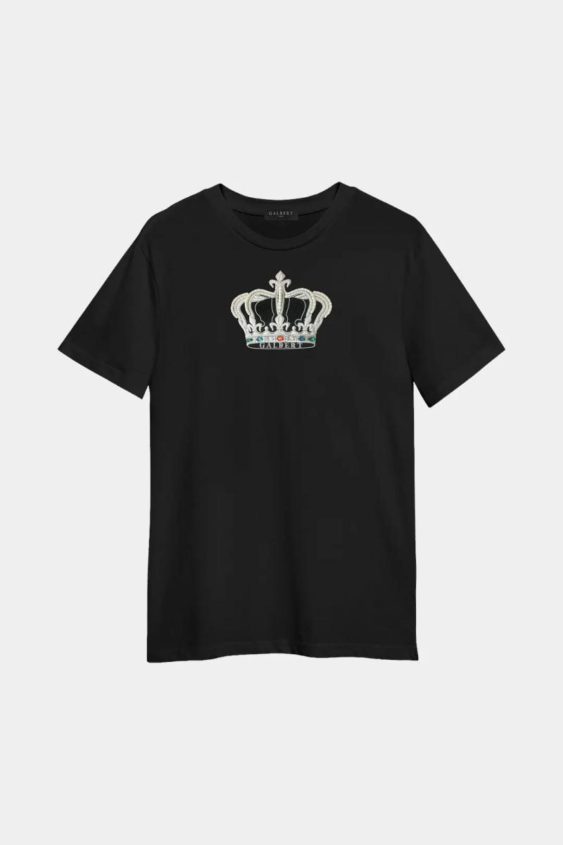Men's Black Cotton T-Shirt with Hand-Embroidered Silver Crown