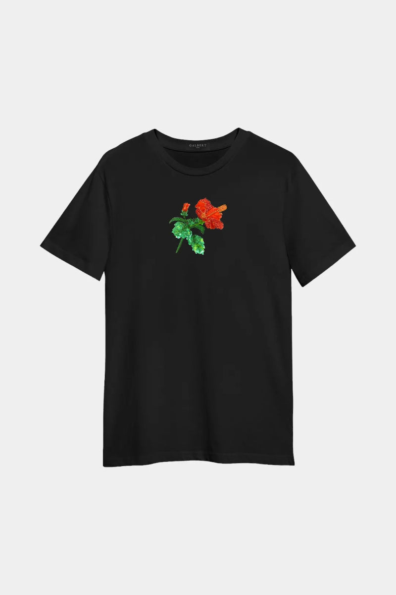 T-Shirt en Coton Premium Brodé Hibiscus Main - Galbert Paris