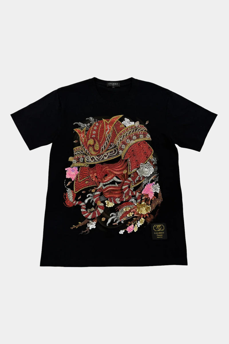 Camiseta de algodón con samurái bordado a mano